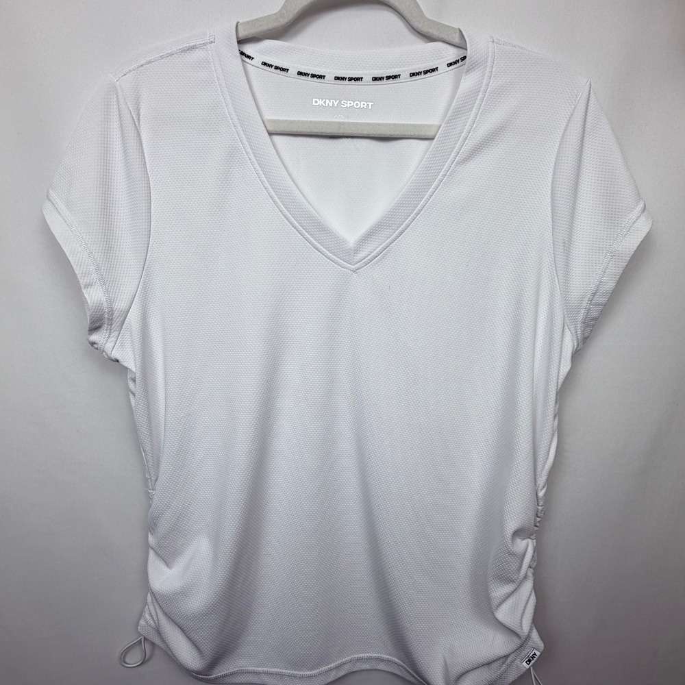 DKNY Sport Womens XL White V-Neck Cinched Side Short Sleeve Activewear Top